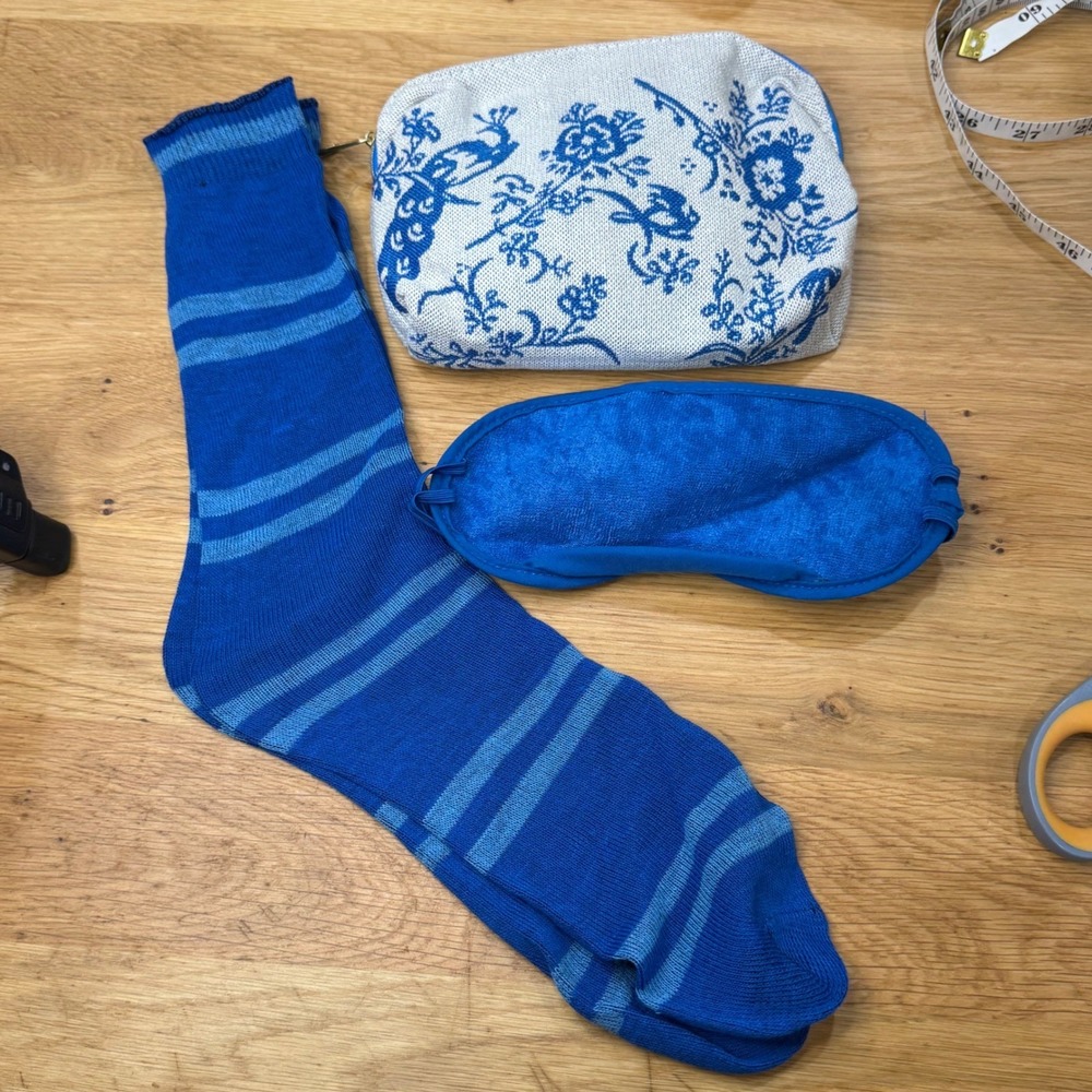 KLM x Rituals Amenity Kit Pouch and Socks Blue White Delft Floral Peacock Travel